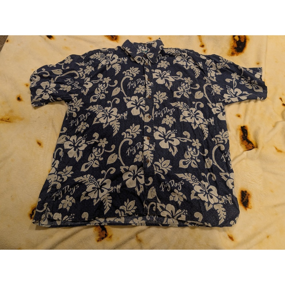 Big Dogs Mens XL Navy Blue Hibiscus Floral Hawaiian Button Up Shirt Cotton Rayon
